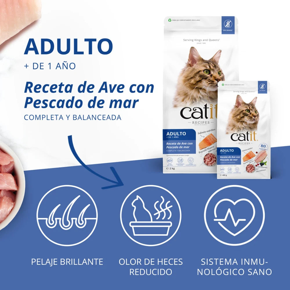 Pienso para gatos con estómago sensible Catit Recipes - Receta de Aves con Pescado de Mar para ADULTO