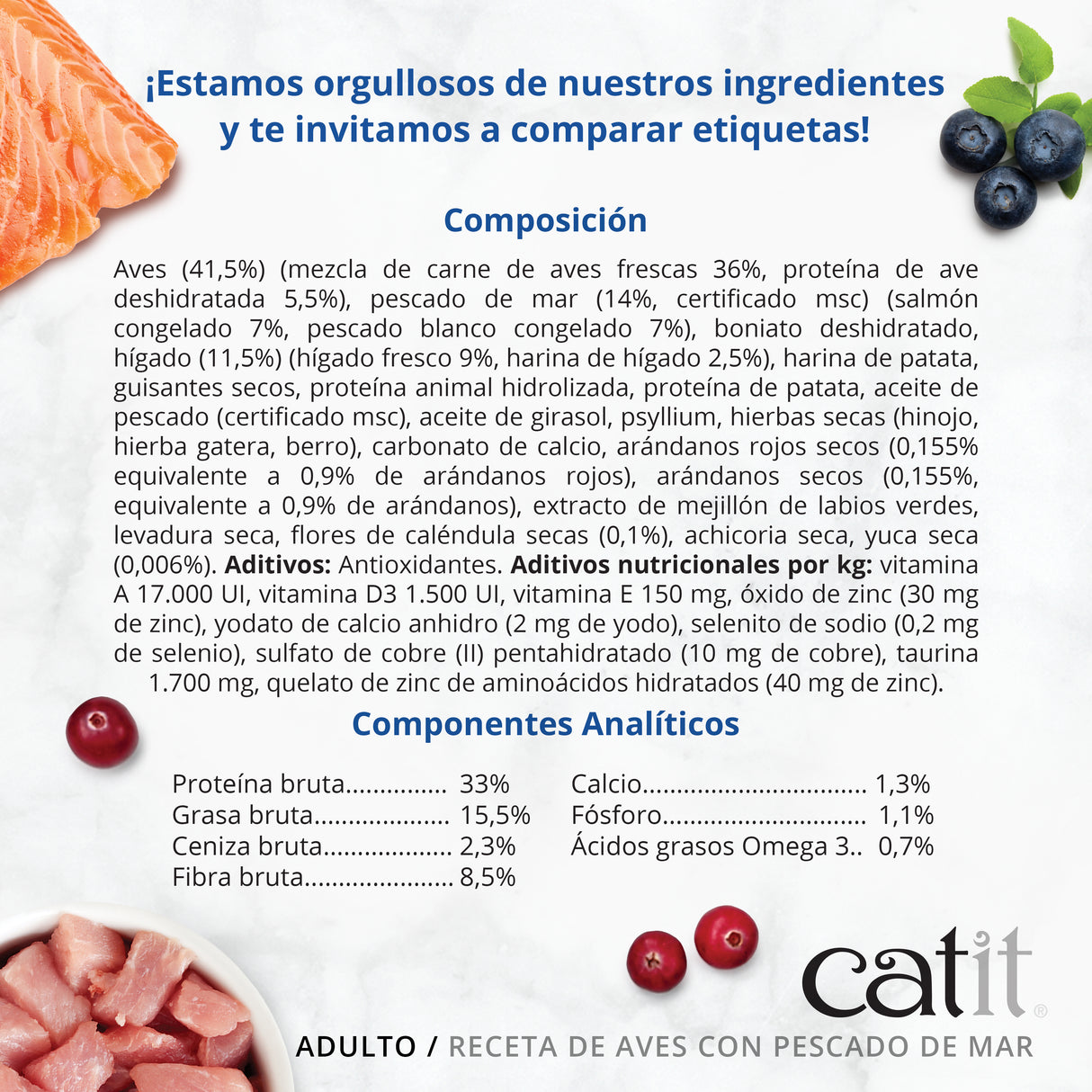 Pienso para gatos con estómago sensible Catit Recipes - Receta de Aves con Pescado de Mar para ADULTO