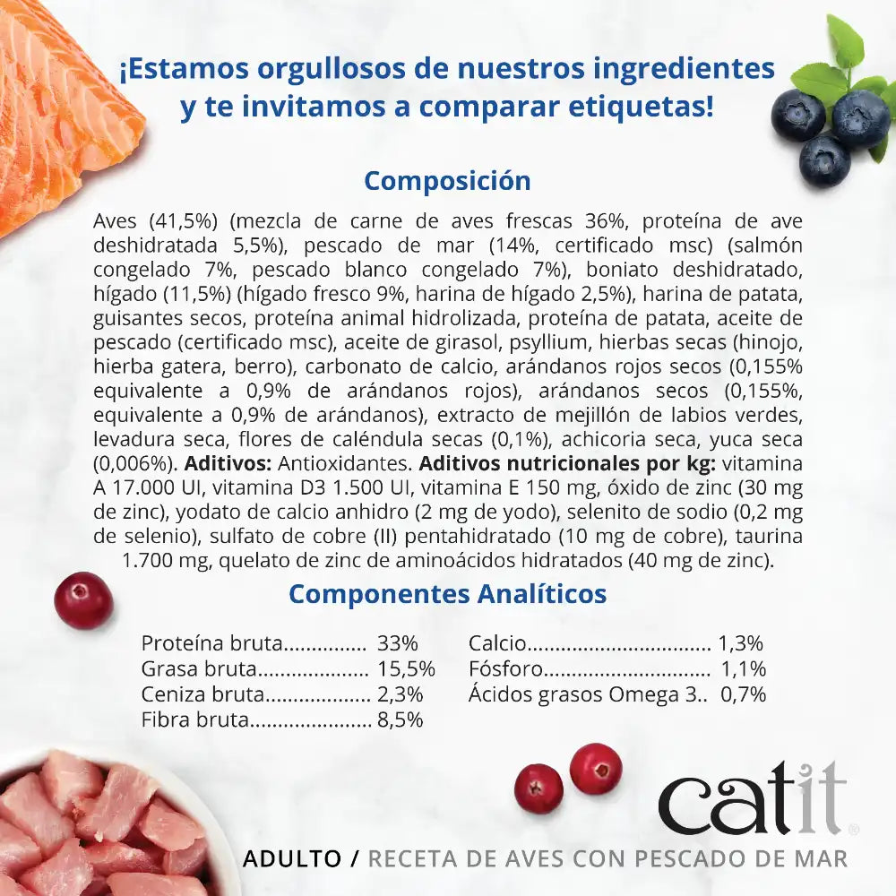 Pienso para gatos con estómago sensible Catit Recipes - Receta de Aves con Pescado de Mar para ADULTO