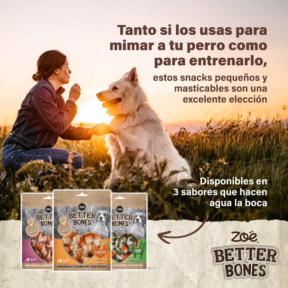 Huesitos suaves envueltos en pollo para perros Zoë Better Bones Pack de 9