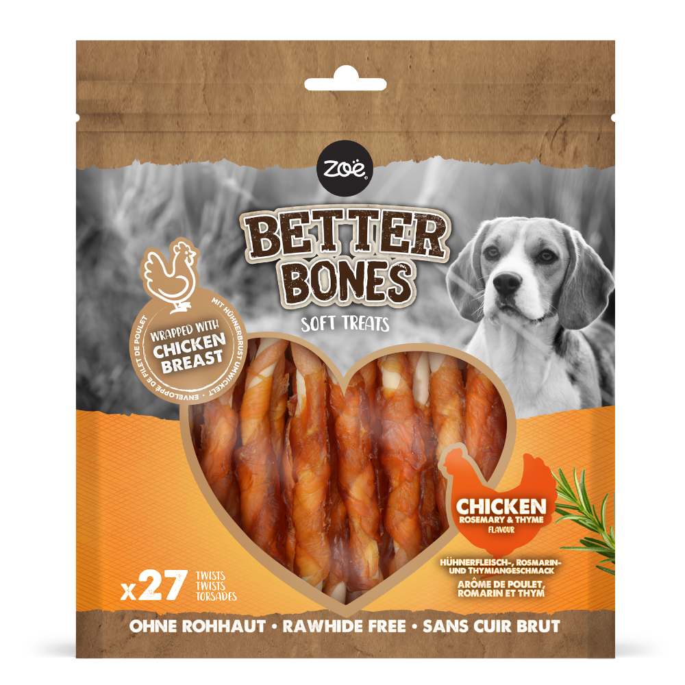 Twists envueltos en pollo para perros Zoë Better Bones Pack de 27
